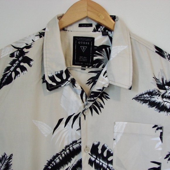 Guess Shirt Tan Black Hawaiian Palm Leaf Slim Fit Shirt Button Front Size XXL - Picture 2 of 13